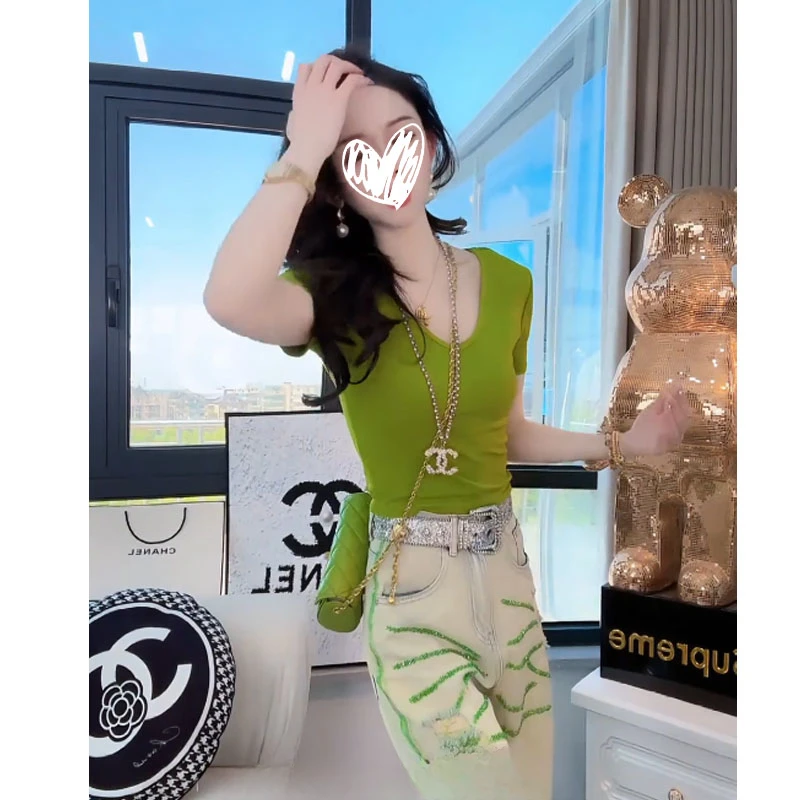 气质轻奢辣妹U领正肩短袖T恤2025新夏季大码胖MM显瘦纯色内搭上衣