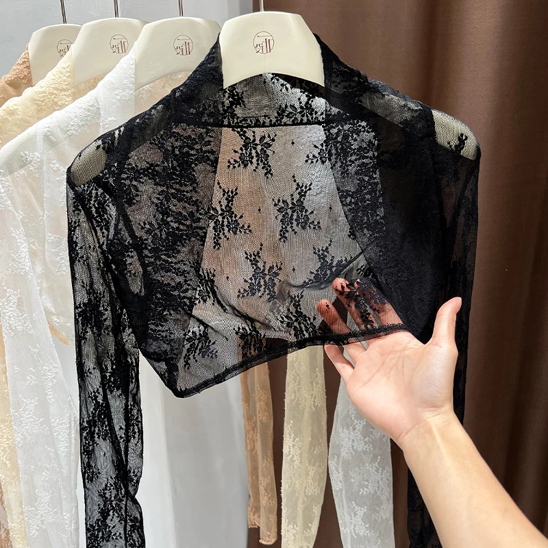 时髦黑色透气薄纱蕾丝衫女2025夏季新款长袖配吊带裙外搭开衫上衣