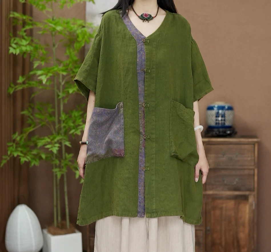 【原制原味】夏季新款6843一侧花圆领不对称大码开衫