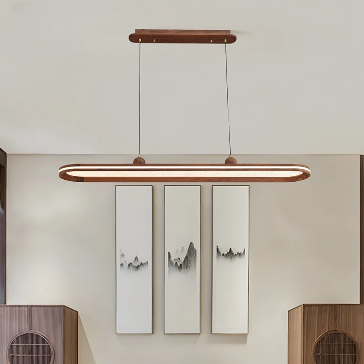 北美黑胡桃木餐厅吊灯轻奢新中式极简一字长条禅意茶室书房实木灯