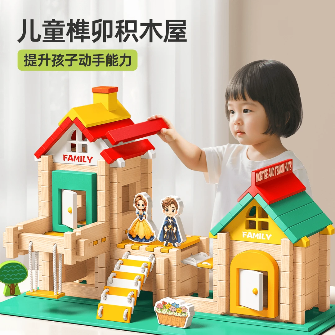 国潮玩具榫卯积木拼搭建筑师房子儿童早教益智力亲子互动木质玩具