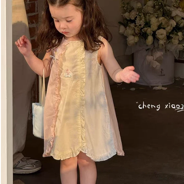 女童夏季ins风吊带连衣裙2025洋气韩系刺绣吊带连衣裙可爱娃娃裙