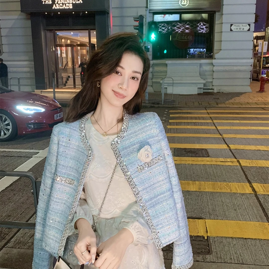 鱼兔子的兔子「小香蓝颜」2025春新款花朵胸针小香风外套女短款外套