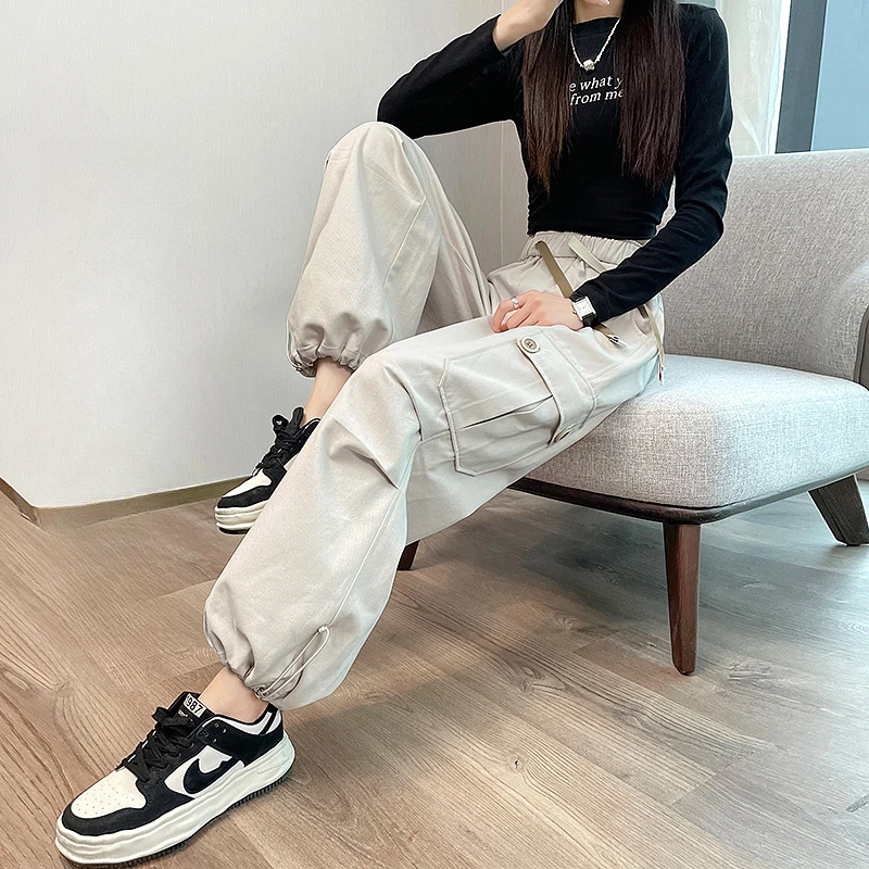 高腰工装裤女春秋2025新款美式冬季加绒阔腿抽绳小个子束脚运动裤