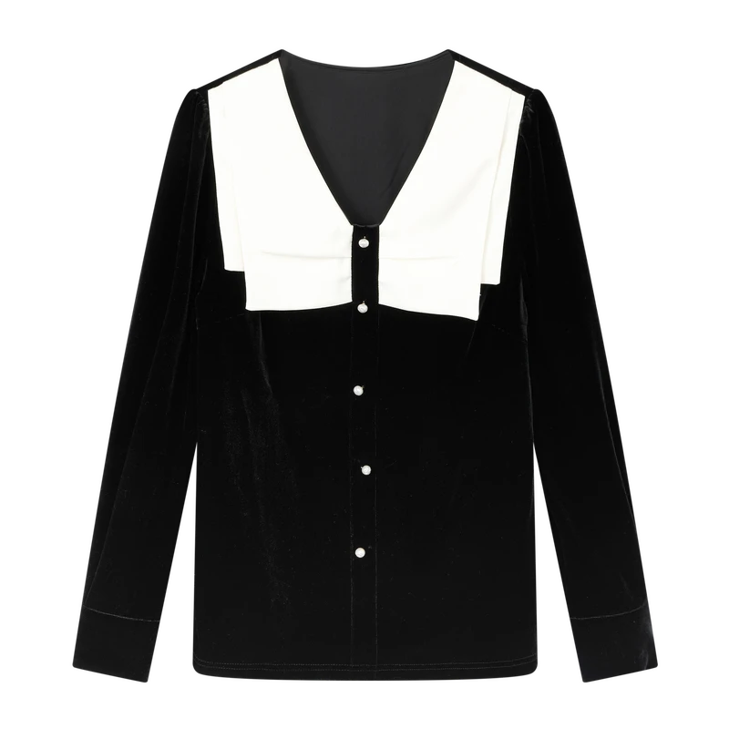 【籽言专属】优雅丝绒小衫黑白撞色双层领长袖上衣X09AXS8033