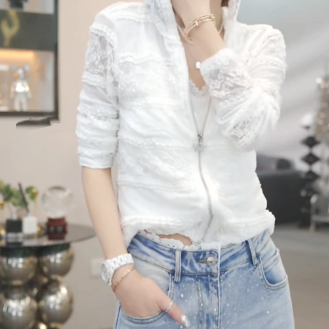 气质蕾丝刺绣连帽外套2025春季新款时尚拉链设计感上衣卫衣
