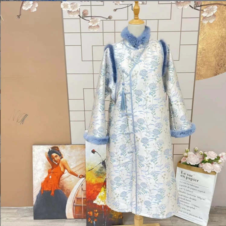 花享悦2024新款年轻款蓝粉少女加绒加厚保暖气质中长款高端8968