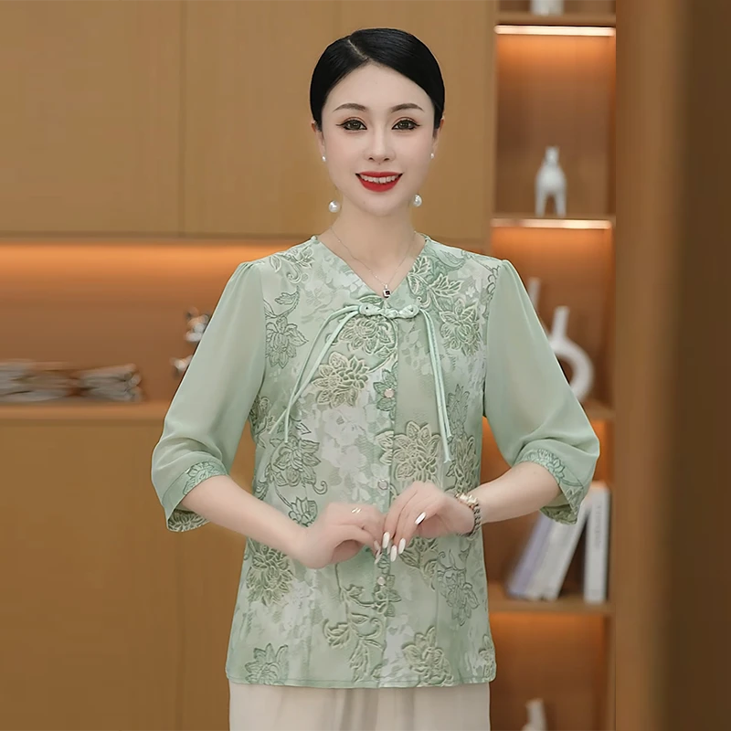 母亲节2025雪纺打底衫女夏季新款洋气质T恤薄款大码妈妈装上衣服