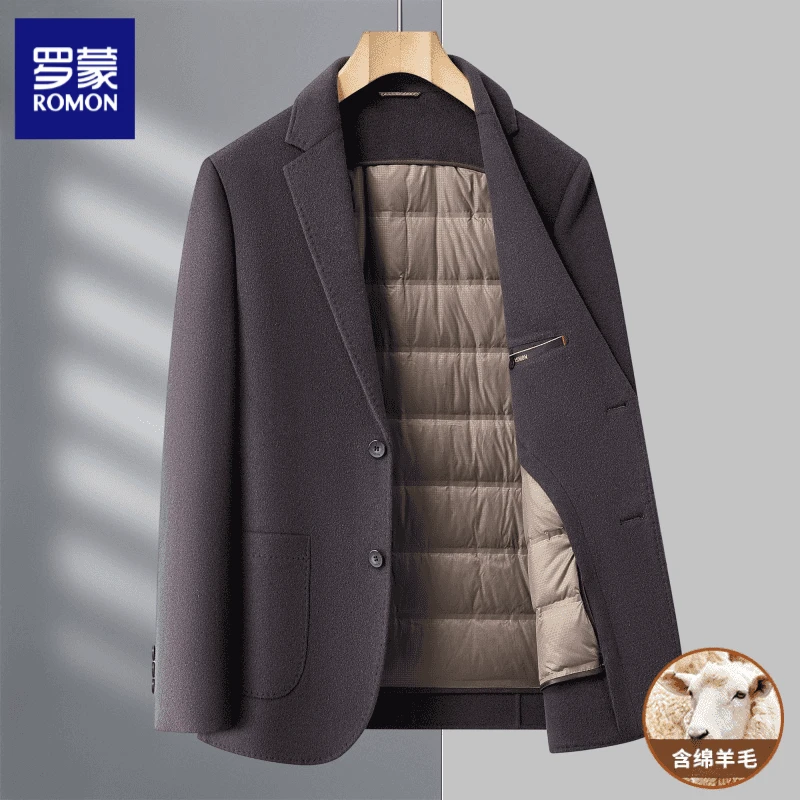 罗蒙羊毛呢可脱卸鸭绒内胆西服男高档加厚双面呢大衣保暖休闲外套