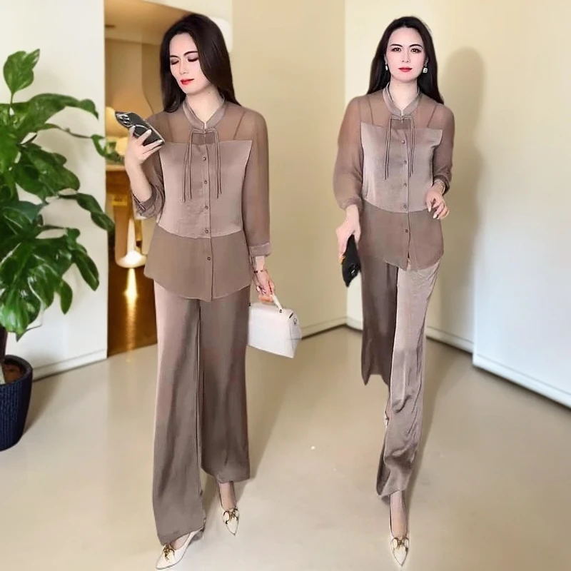 新中式时尚两件套女盘扣宽松轻熟风衬衫阔腿裤减龄显瘦洋气穿搭