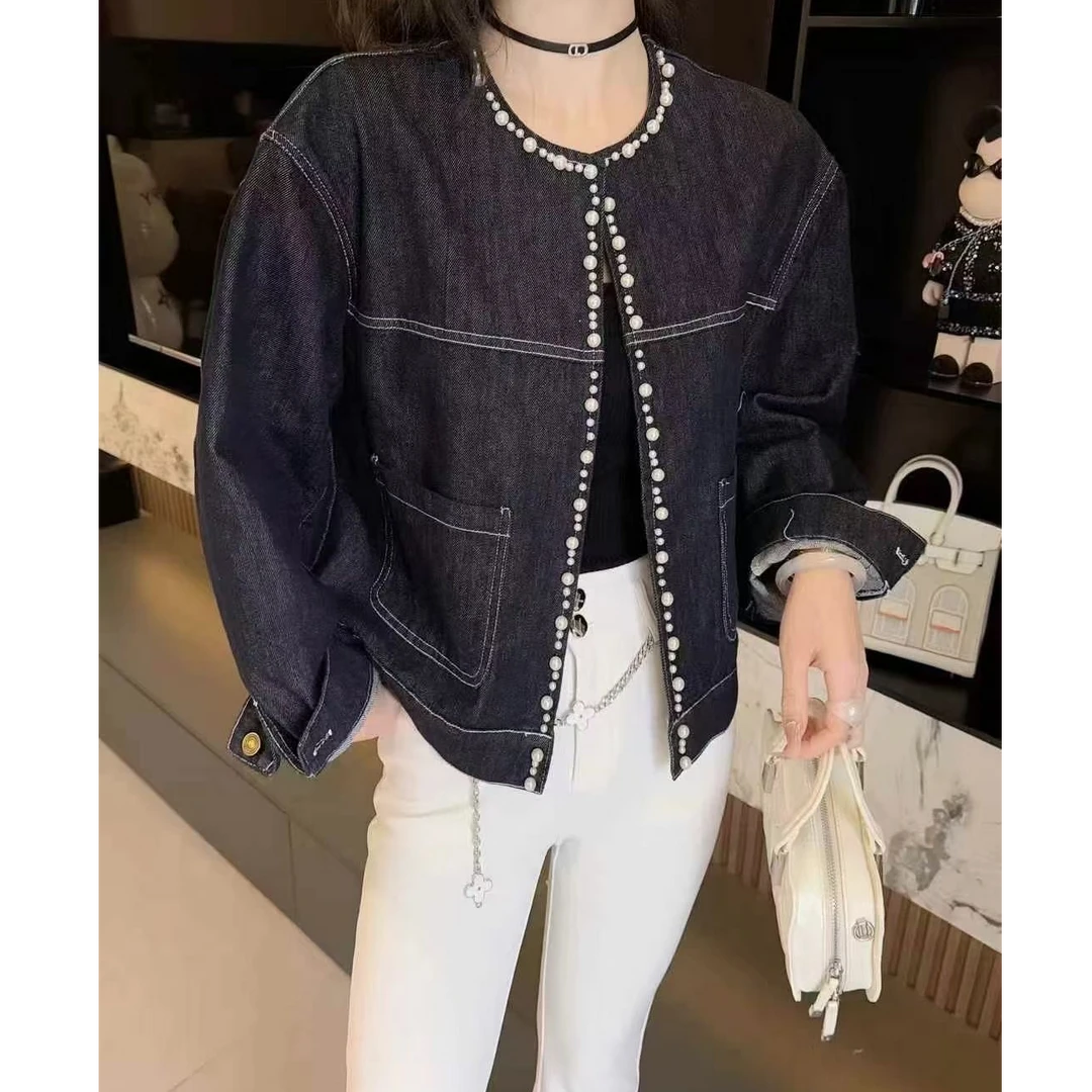 【YA JUN JIA】小众设计珍珠镶嵌牛仔外套宽松舒适短款开衫
