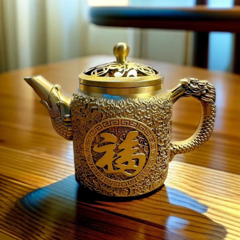 全黄铜可旋转镂空盖子 浮雕百福壶