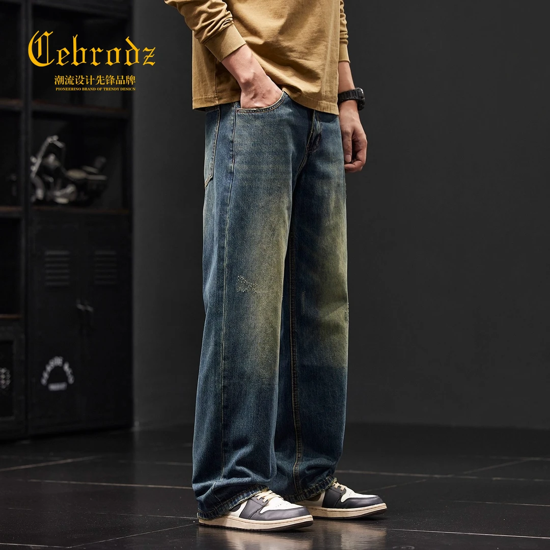Cebrodz美式复古做旧刮烂牛仔裤男款秋款休闲宽松直筒阔腿长裤
