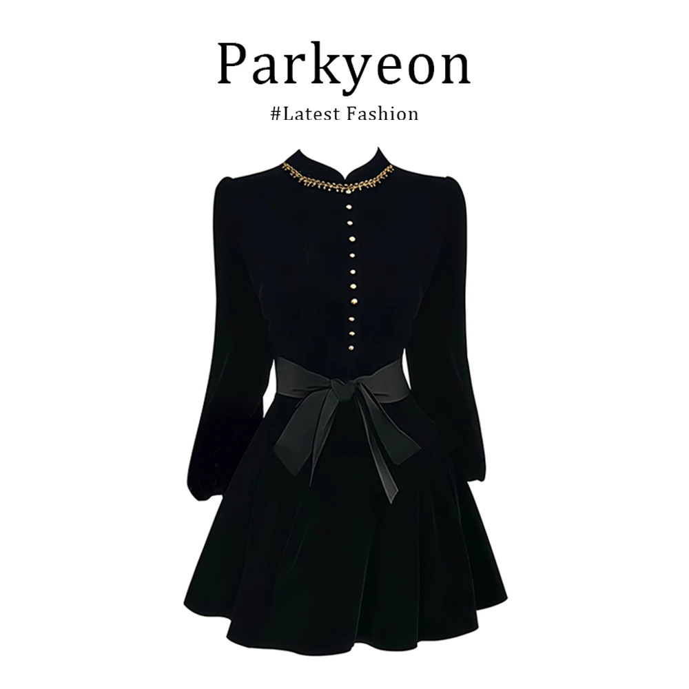 parkyeon千金风荷叶边长袖丝绒连衣裙早秋高级感收腰赫本风A字裙