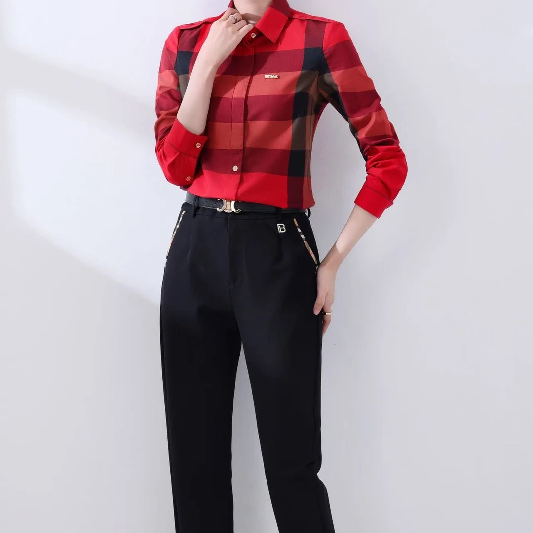 百搭气质长袖洋气格子休闲女士高腰衬衫125699