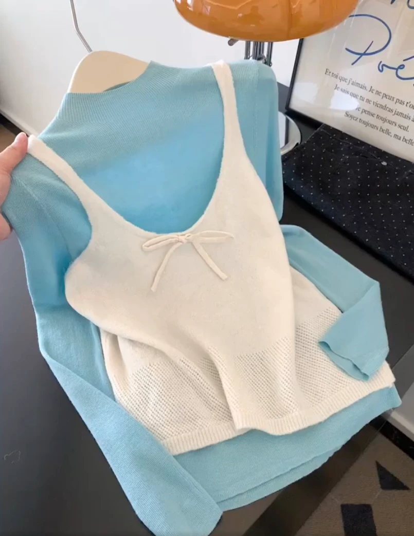 高级感蝴蝶结吊带针织衫女秋冬叠穿背心时尚两件套装洋气百搭上衣