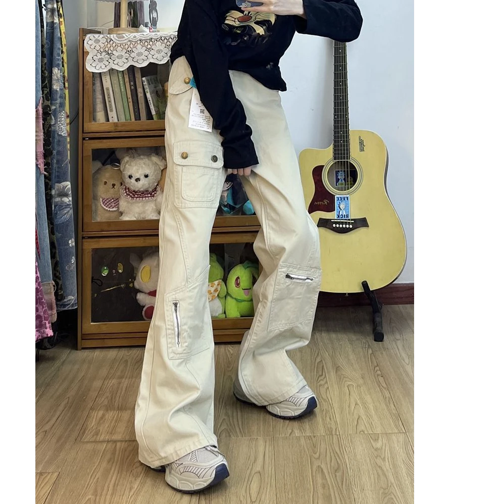 小个子新款美式工装微喇牛仔裤女复古多口袋设计感拖地显廋喇叭裤