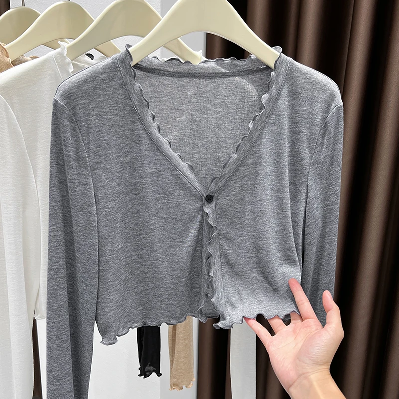 薄款防晒木耳边针织衫上衣女春季新款灰色开衫配吊带裙披肩短外套