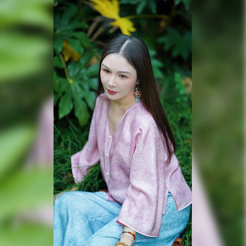 月下微凉｜花未眠炒染真丝透孔罗新中式后背蝴蝶结V领上衣