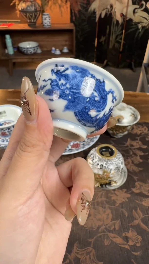 杯子望月怀古青花龙纹迷你小压手杯