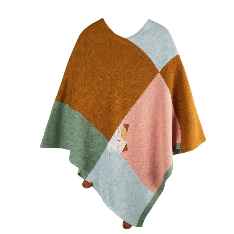 HIKOSEN CARA卡拉猫秋冬针织毛线披肩女罩衫浅色围巾外套拼色披肩