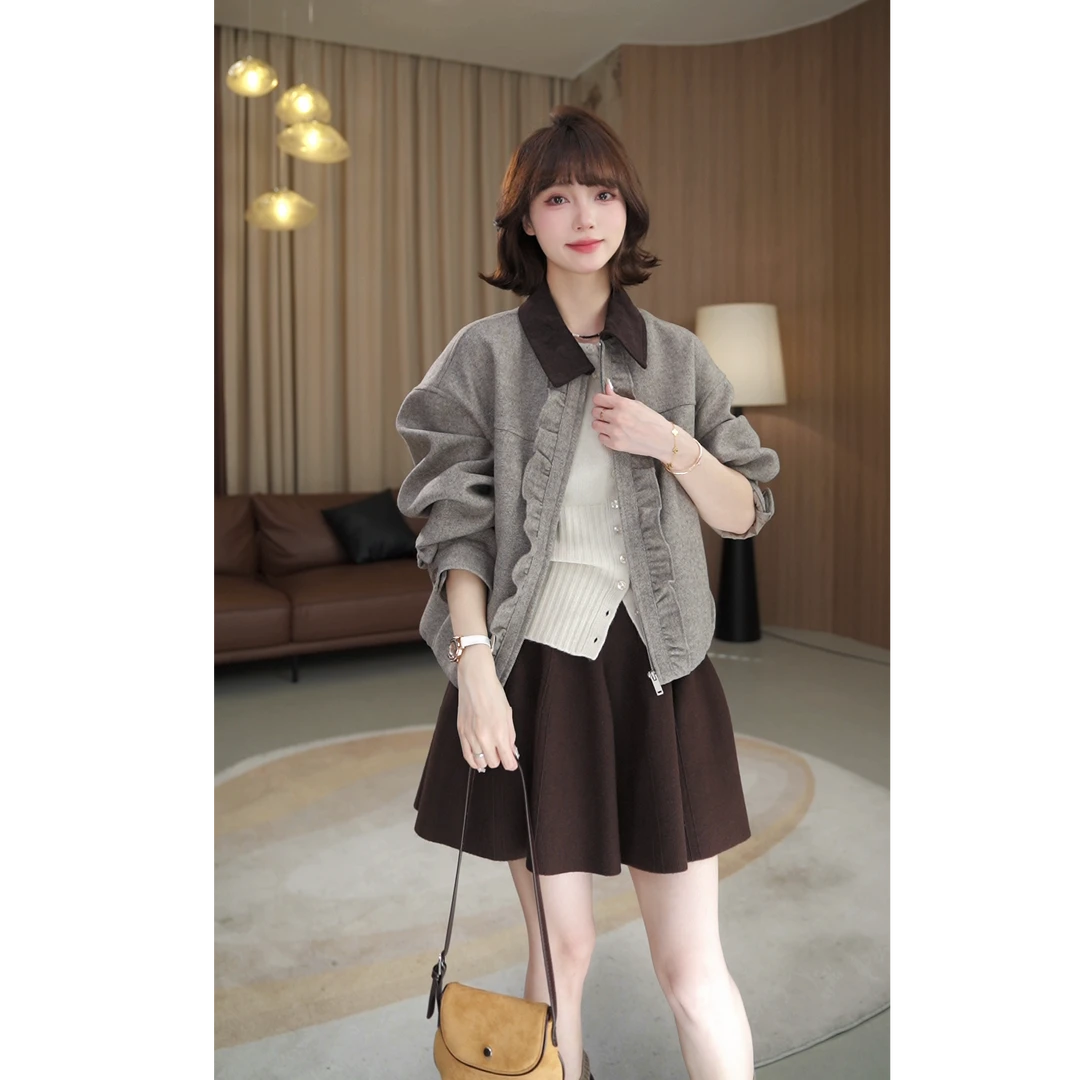 羽绒【薇薇绮】夹羽绒时尚羊毛呢设计翻领拉链木耳边羽绒服外套E272