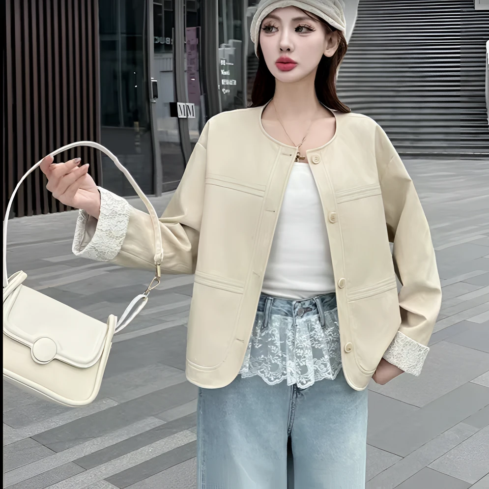 8899 女士短款蕾丝袖蛋白皮外套