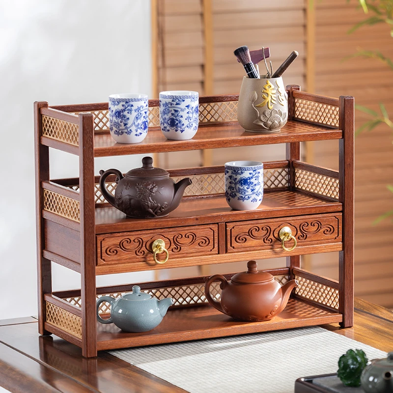 实木小博古架新中式家用客厅办公室桌面置物架茶叶架茶水柜泡茶台