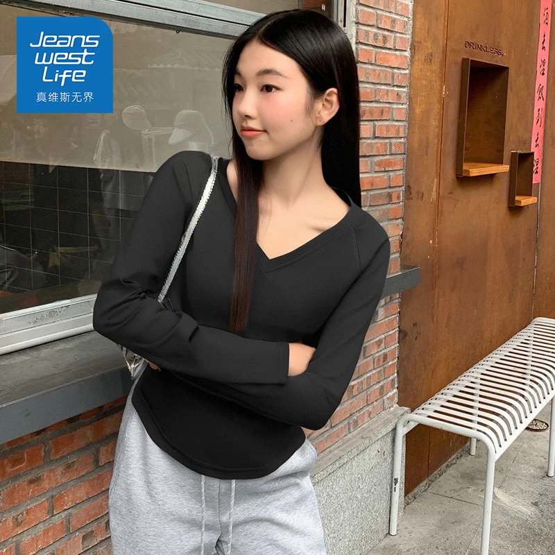 真维斯无界女士V领长袖秋季修身辣妹纯欲风新款爆款显瘦百搭上衣