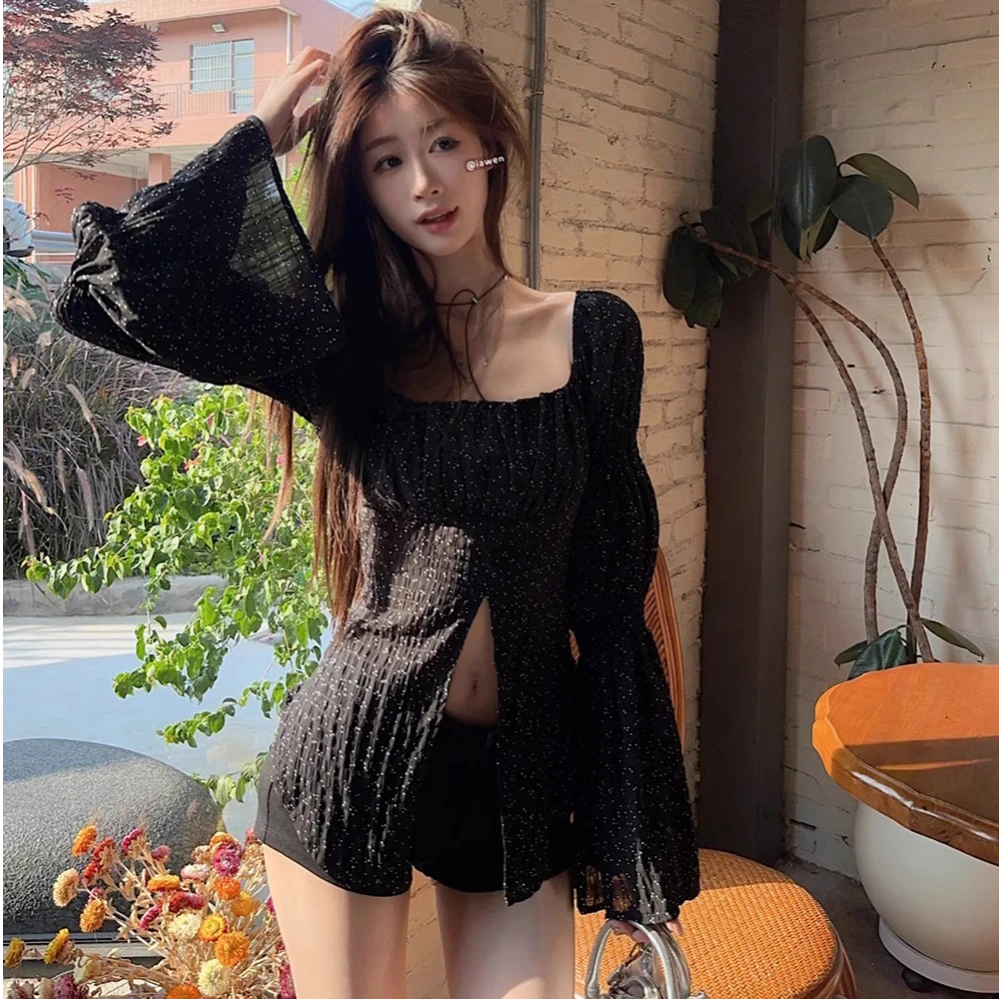 辣妹风法式一字肩波点喇叭袖衬衫T恤女夏季性感开叉显瘦方领上衣