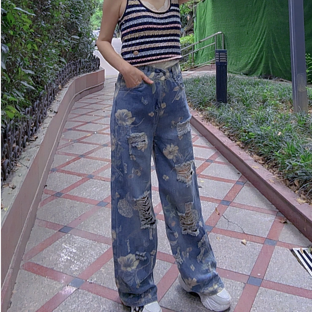 M52B030慕之淇复古印花破洞宽松设计感直筒拖地牛仔裤