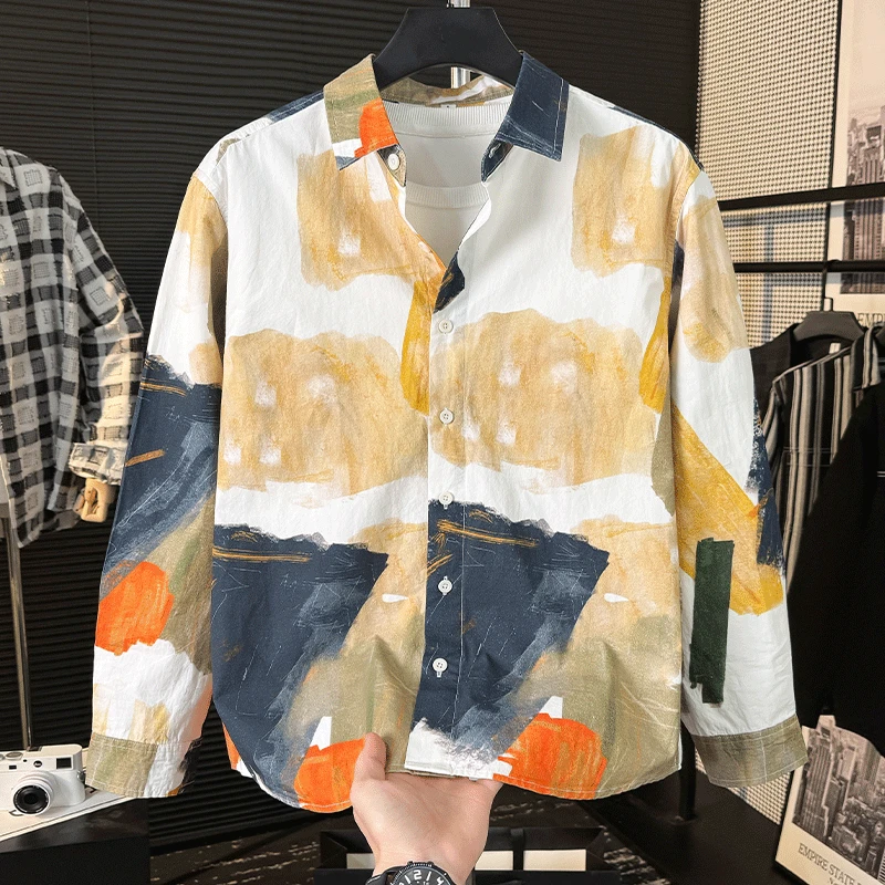 涂鸦扎染！小众设计！春季新款日系复古痞帅纯棉宽松休闲长袖衬衫男