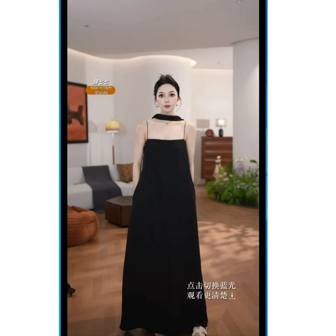 【猫七七】显瘦气质轻奢夏季黑色法式小众设计师吊带裙