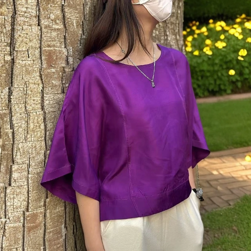 桑蚕丝 蝙蝠袖短款 大码上衣 时尚遮肉宽松型上衣夏季复古气质