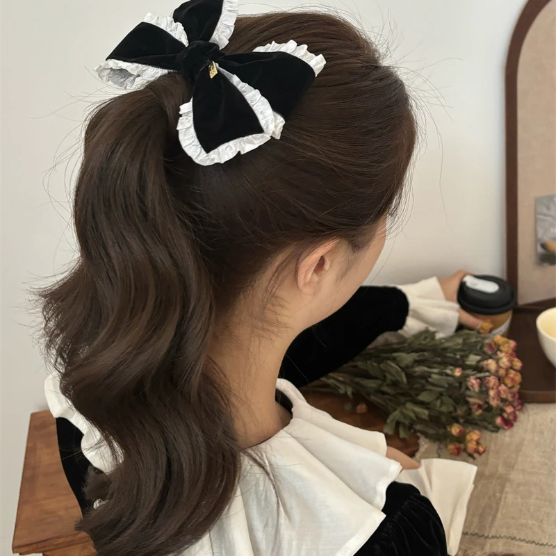 T067 甜系小香风白色花边荷叶边黑色蝴蝶结发夹发饰马尾夹顶夹