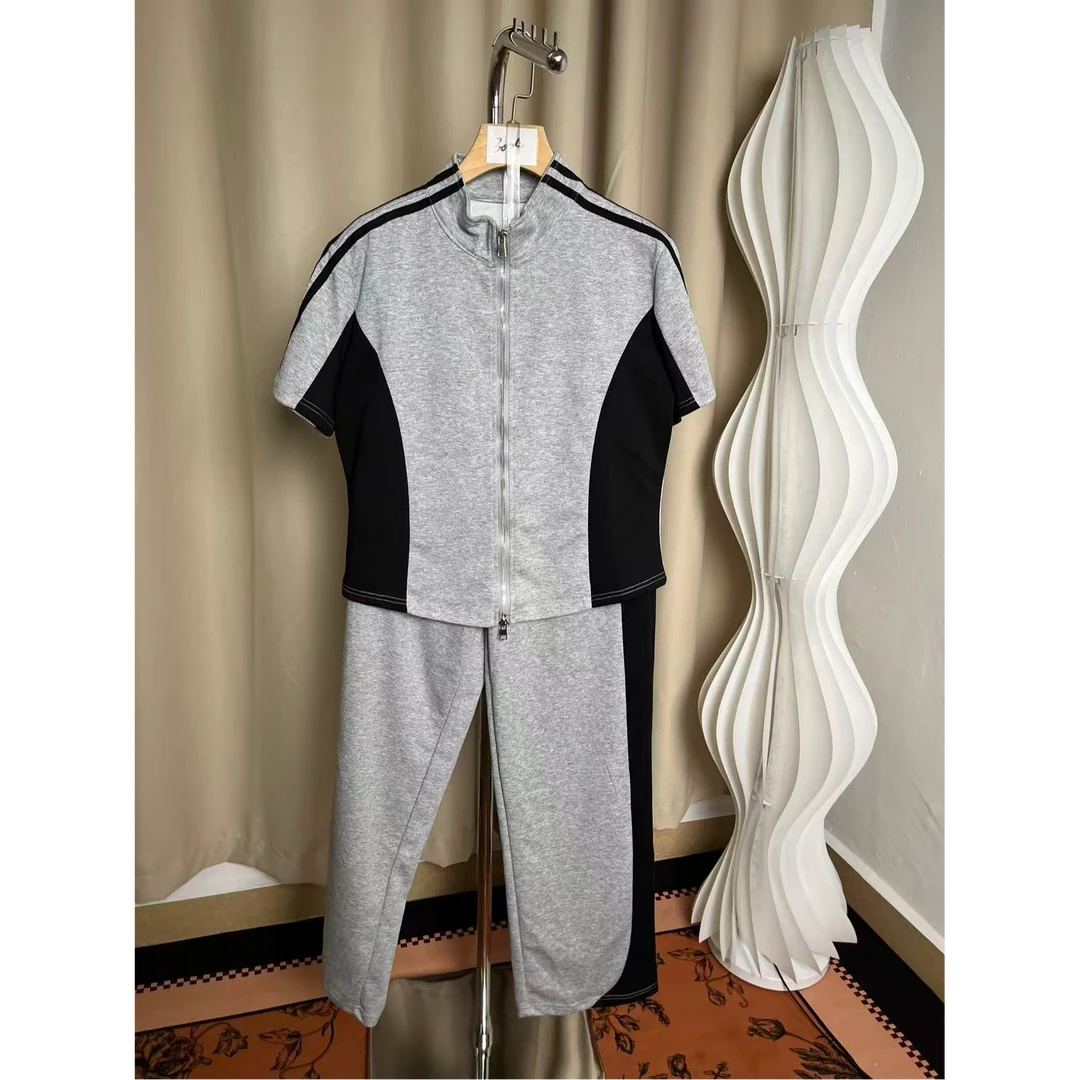 3004休闲运动套装简约运动撞色拼色女士圆领显瘦开衫休闲