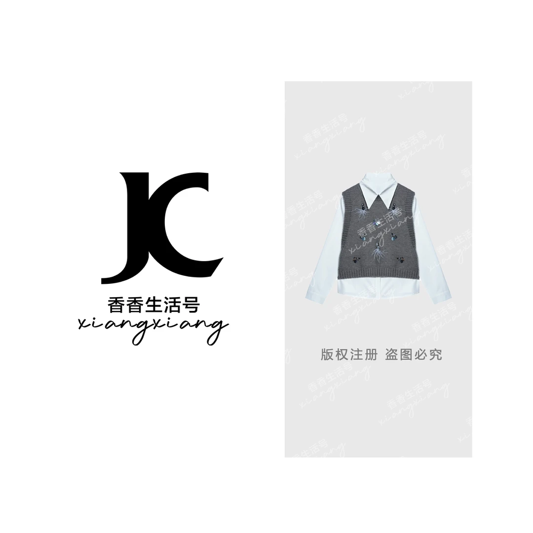 【香香专属】“天鹅湖”2025春季新款欧若风针织衫马甲+衬衫YN9219