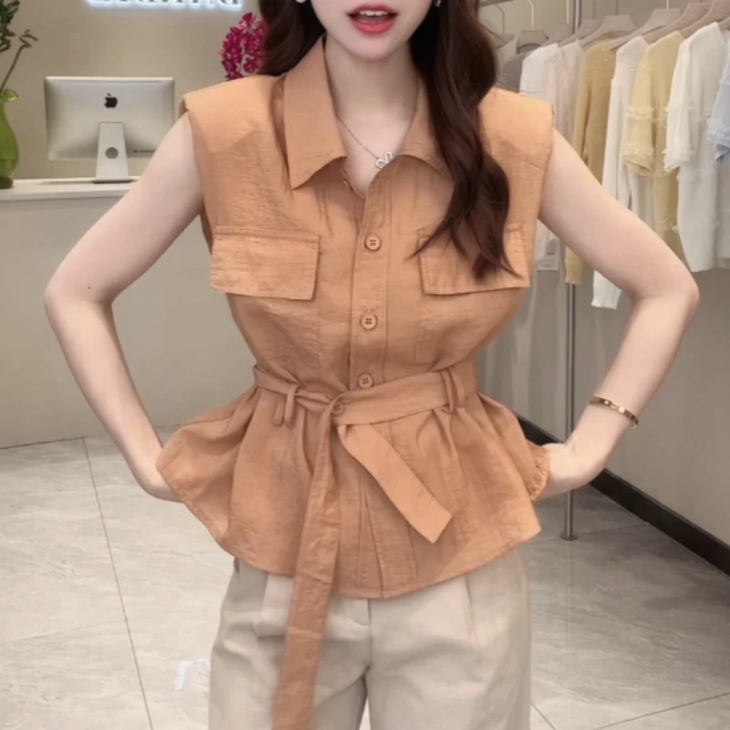 2025春夏薄款【微透】休闲气质上衣高端收腰设计遮肉百搭无袖衬衫女