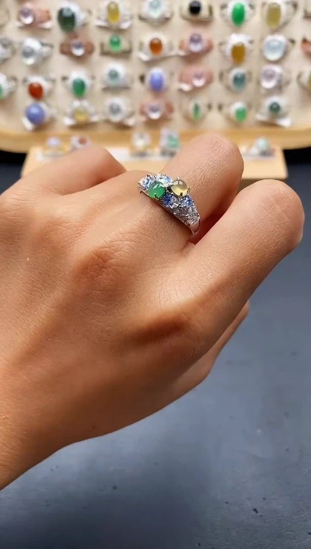 银S925镶嵌戒指翡翠缅甸天然A货翡翠2 3-3