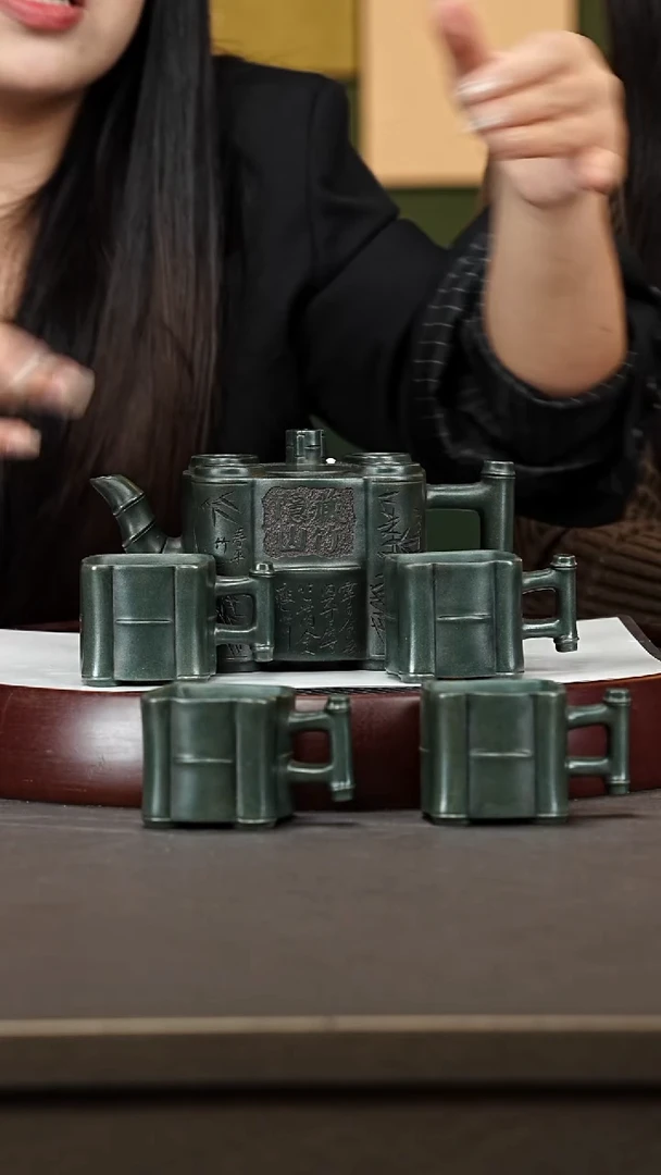 茶壶紫砂76ZWP寿平竹套组 可心绿泥500cc