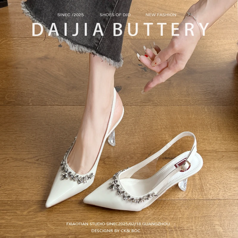 牛皮包头水钻凉鞋配裙子高跟鞋女漆皮尖头细跟单鞋宴会轻奢鞋子女