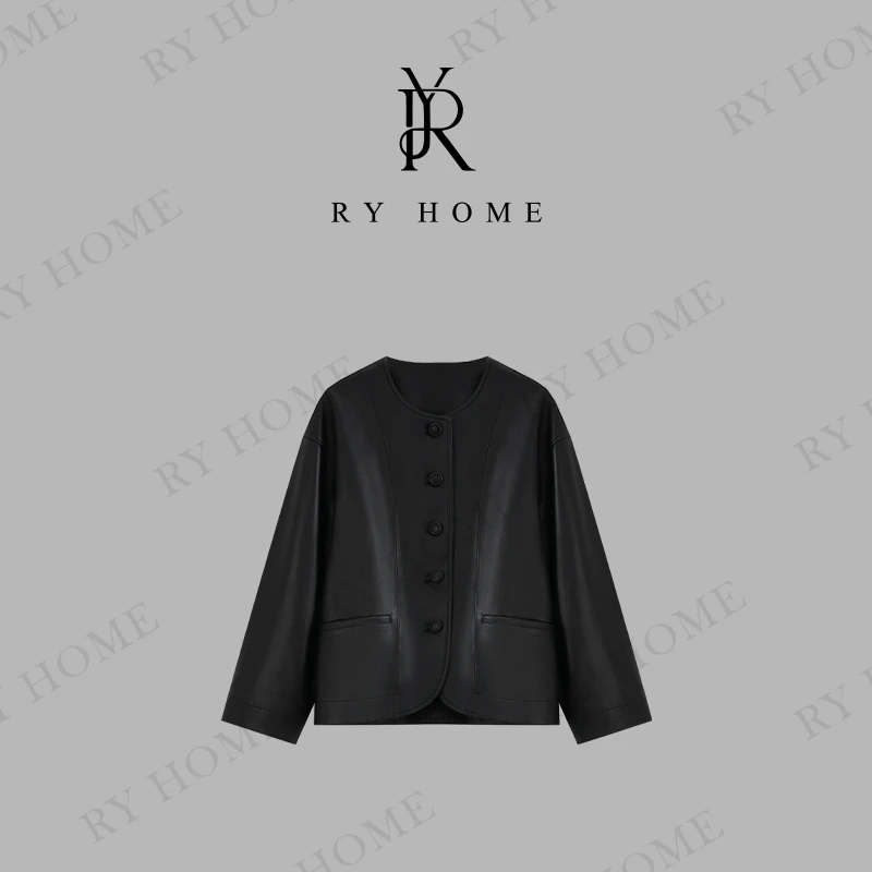 容雨RYHOME100绵羊皮圆领单排皮扣通勤风皮衣243W1821