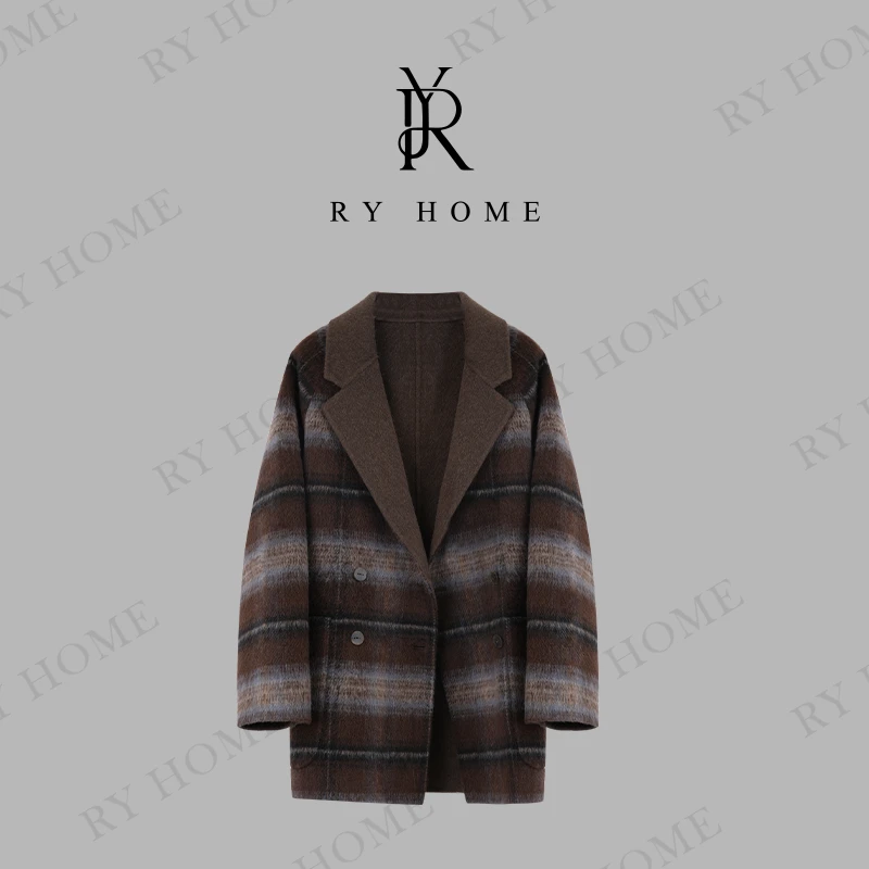 【容雨RYHOME】绵羊毛＋羊驼复古格子极简廓形中长款大衣243W1935