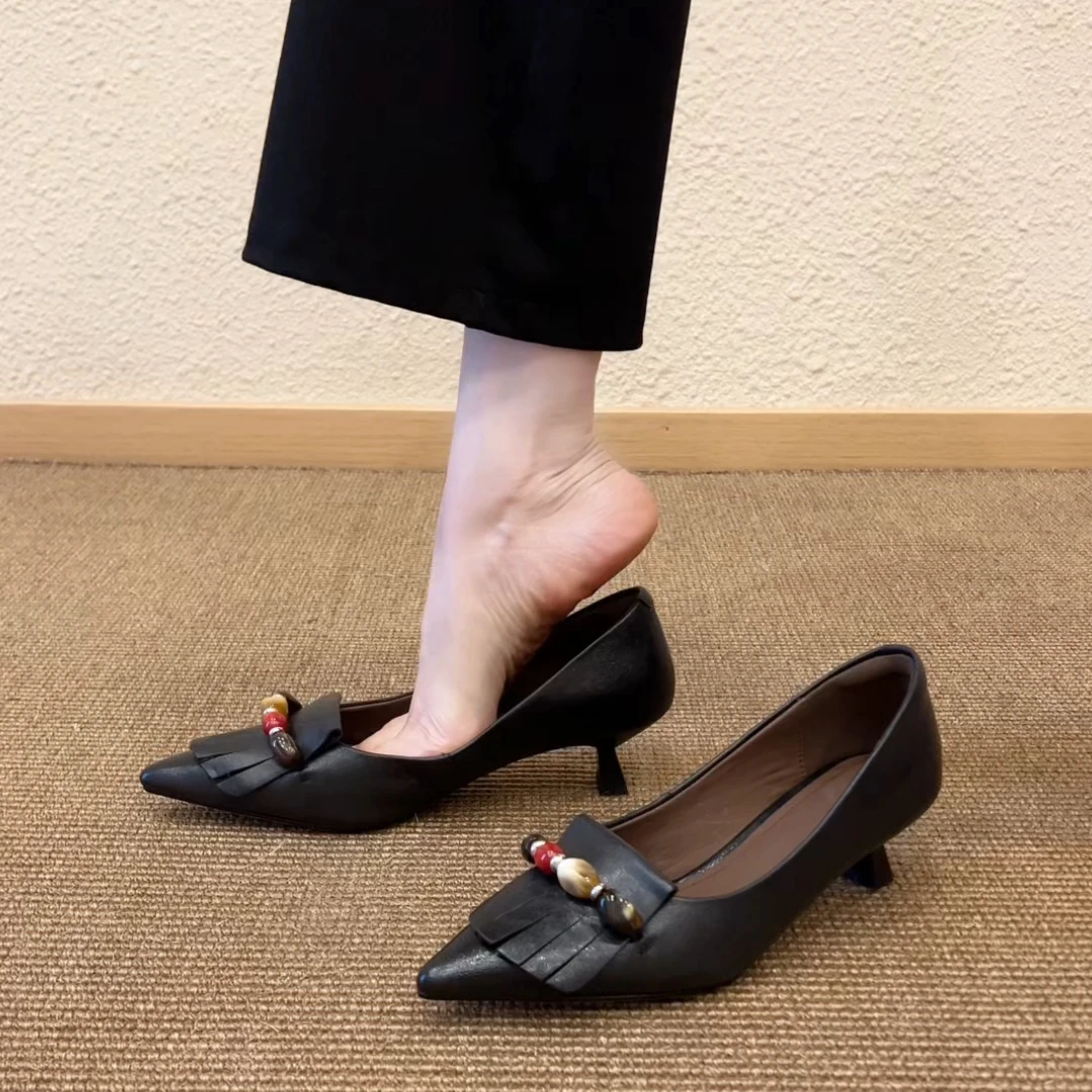 Pokoy-4.5cm流苏绑带尖头粗跟高跟鞋