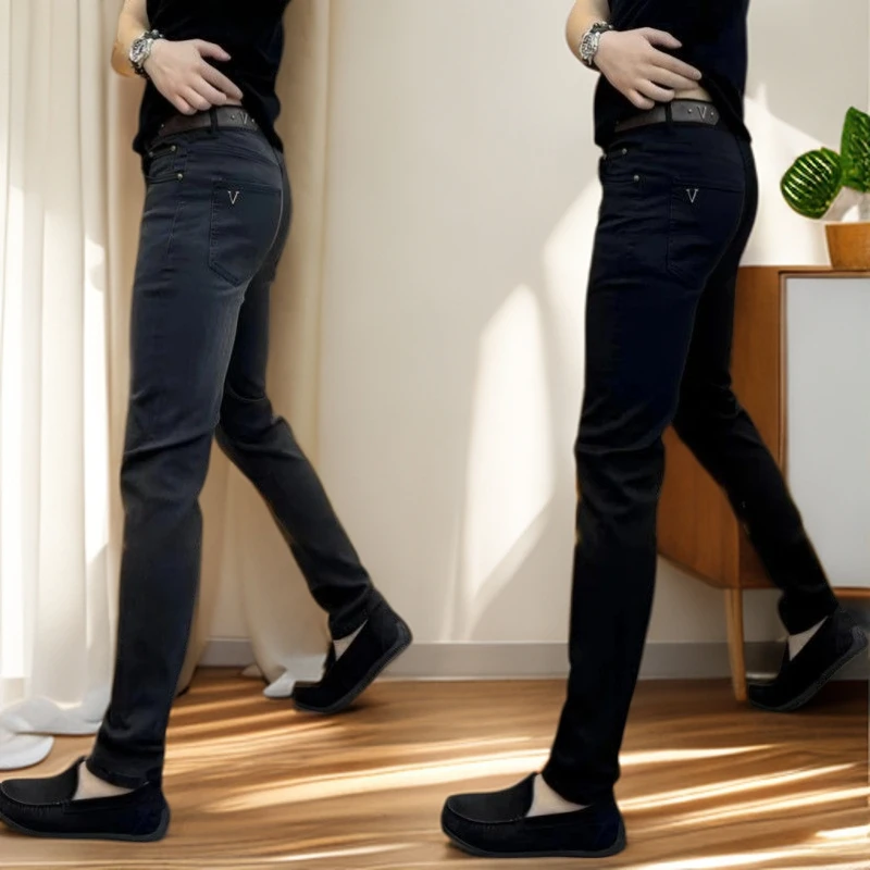 秋冬黑色男士腰带牛仔裤保暖直筒时尚百搭帅气潮流修身商务牛仔裤