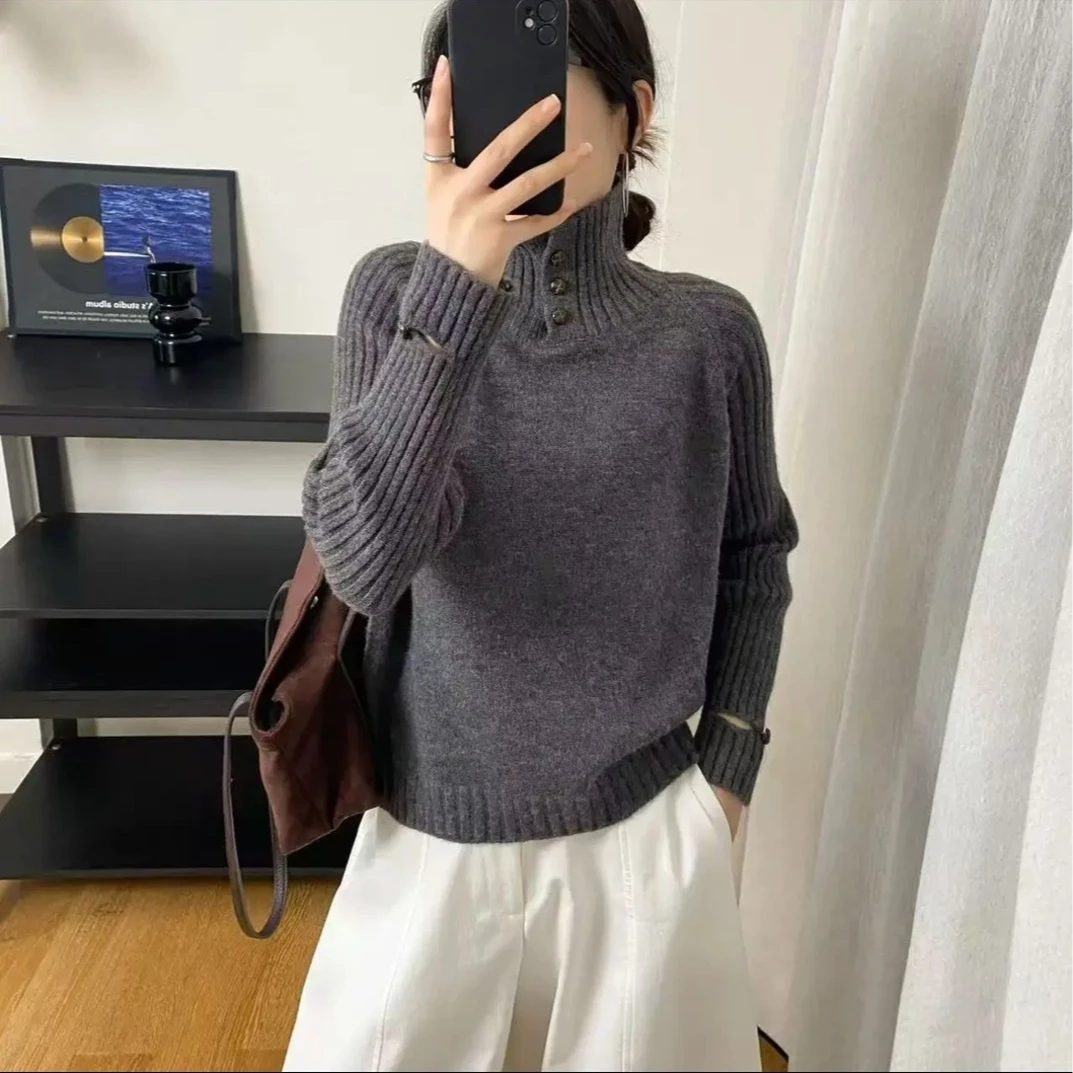 3441【540g正版加厚三粒扣】秋冬新款宽松高领长袖针织衫女毛衣