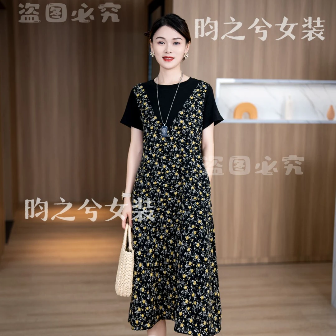 昀之兮双V夏季时尚气质减龄洋气显瘦假两件碎花拼接宽松连衣裙