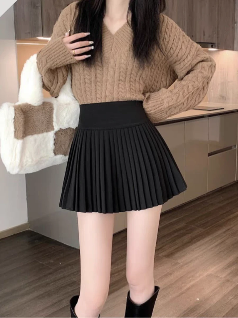 裙子百搭显瘦毛呢小个子秋冬大码高腰黑色半身裙短裙百褶裙