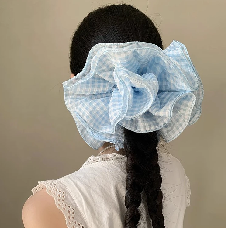 超大号~韩系条纹格子大肠发圈女高级感丸子头慵懒风头绳扎头发饰