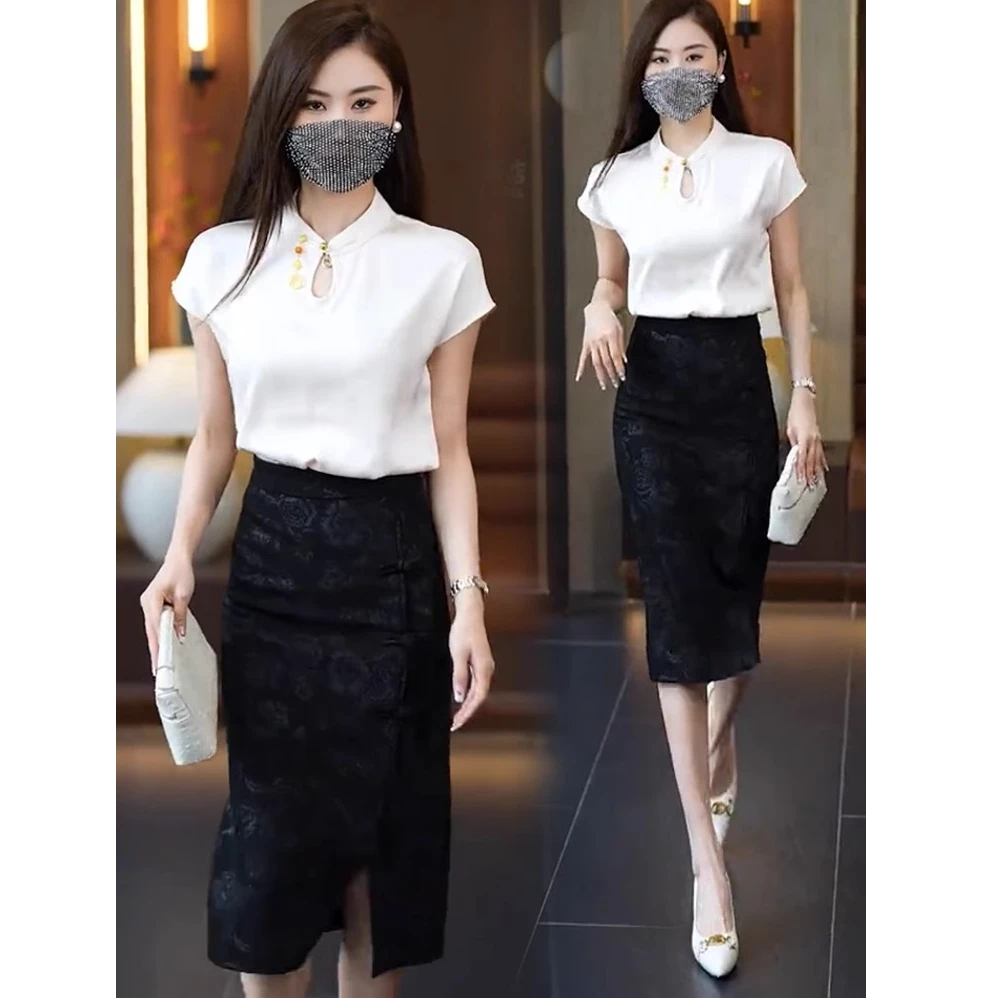拉夏贝尔新中式时尚半身裙套装女夏季新款洋气衬衫包臀裙两件套